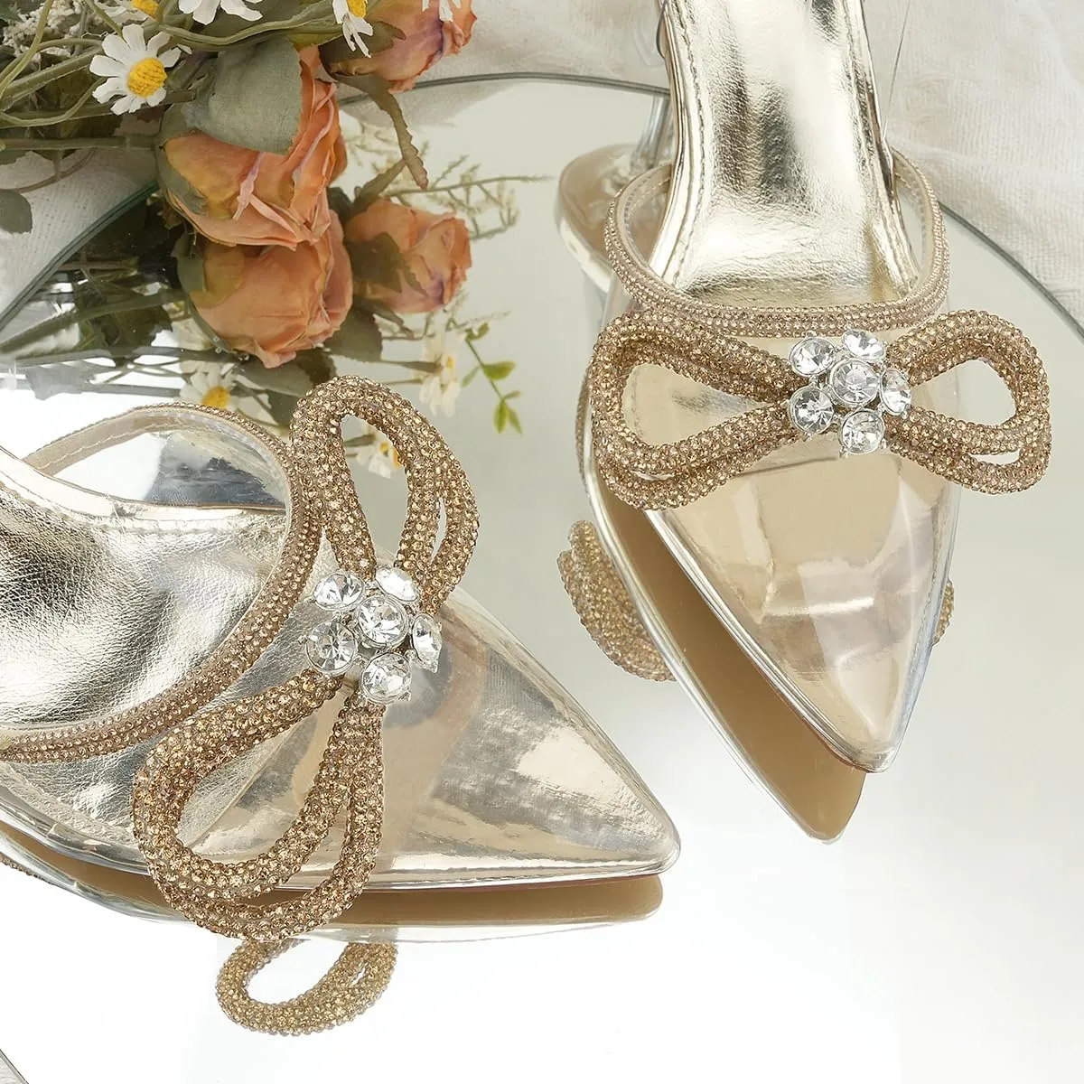 JENN ARDOR Slingback Heels for Women Low Heels Dress Shoes Bow Kitten Pumps Rhinestone Dressy Heeled Sandals