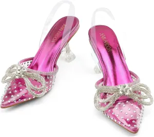 JENN ARDOR Slingback Heels for Women Low Heels Dress Shoes Bow Kitten Pumps Rhinestone Dressy Heeled Sandals
