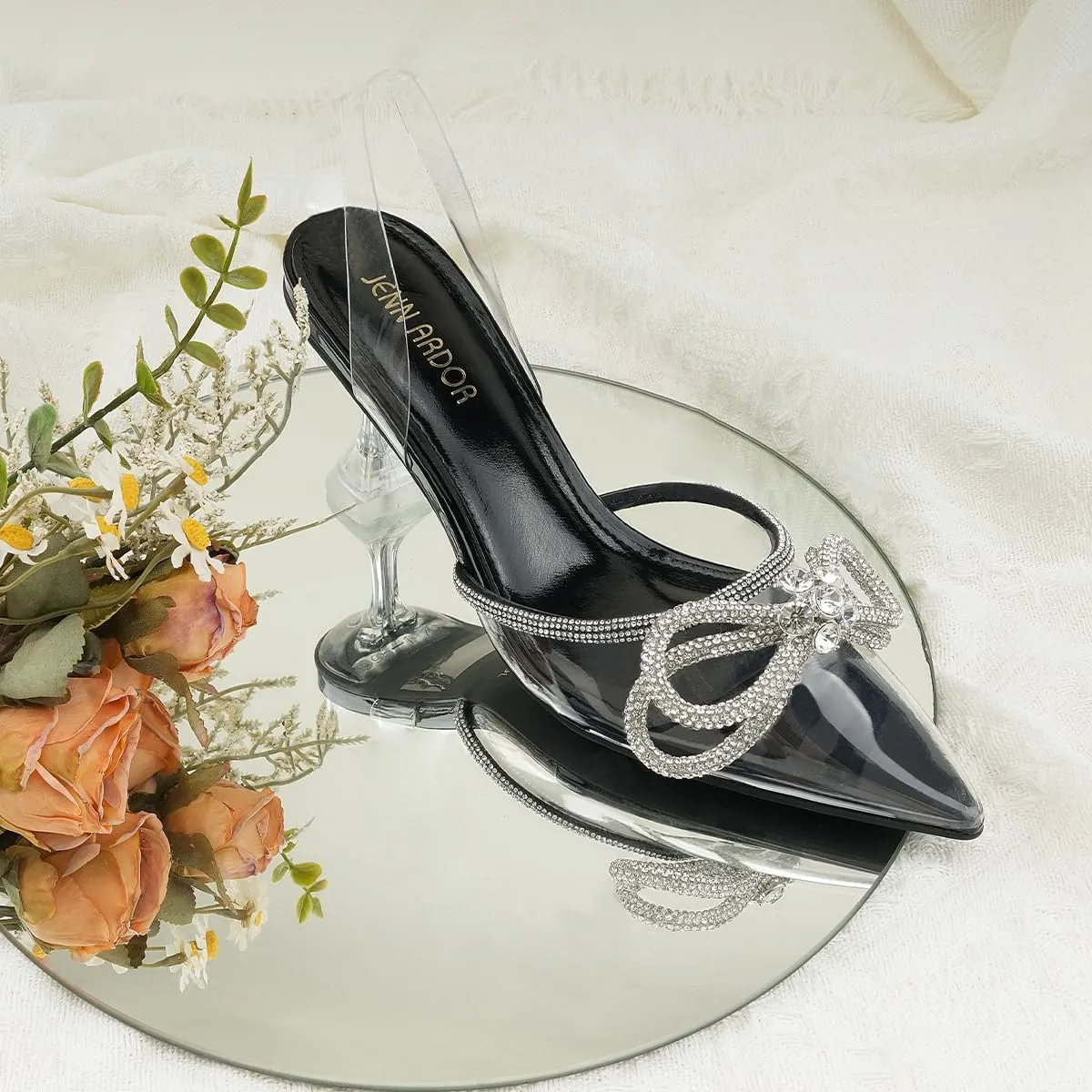 JENN ARDOR Slingback Heels for Women Low Heels Dress Shoes Bow Kitten Pumps Rhinestone Dressy Heeled Sandals