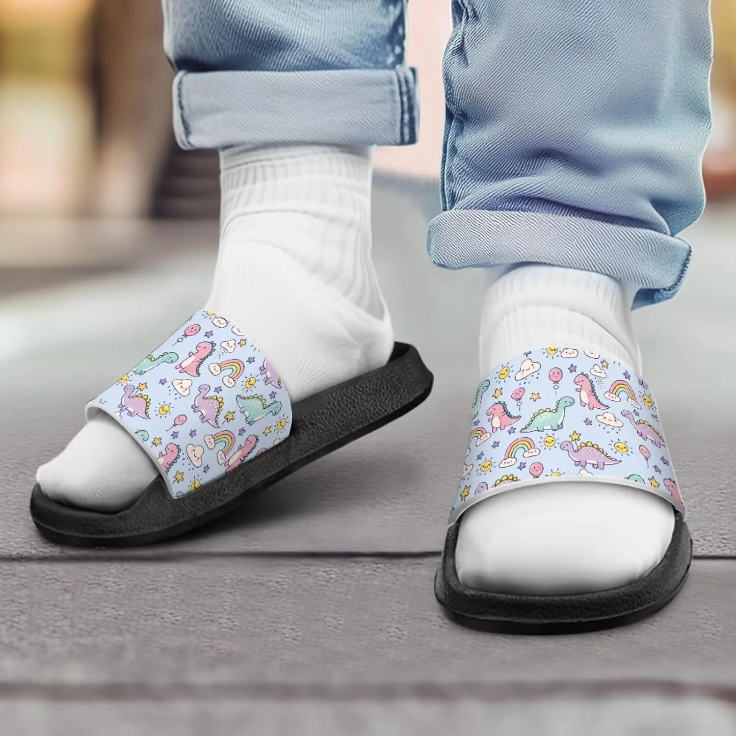 JoyLamoria Boys Dinosaur Print Sandals House Slides Kids Cloud Slippers Non-Slip Beach Pool Indoor Outdoor Open Toe Comfy