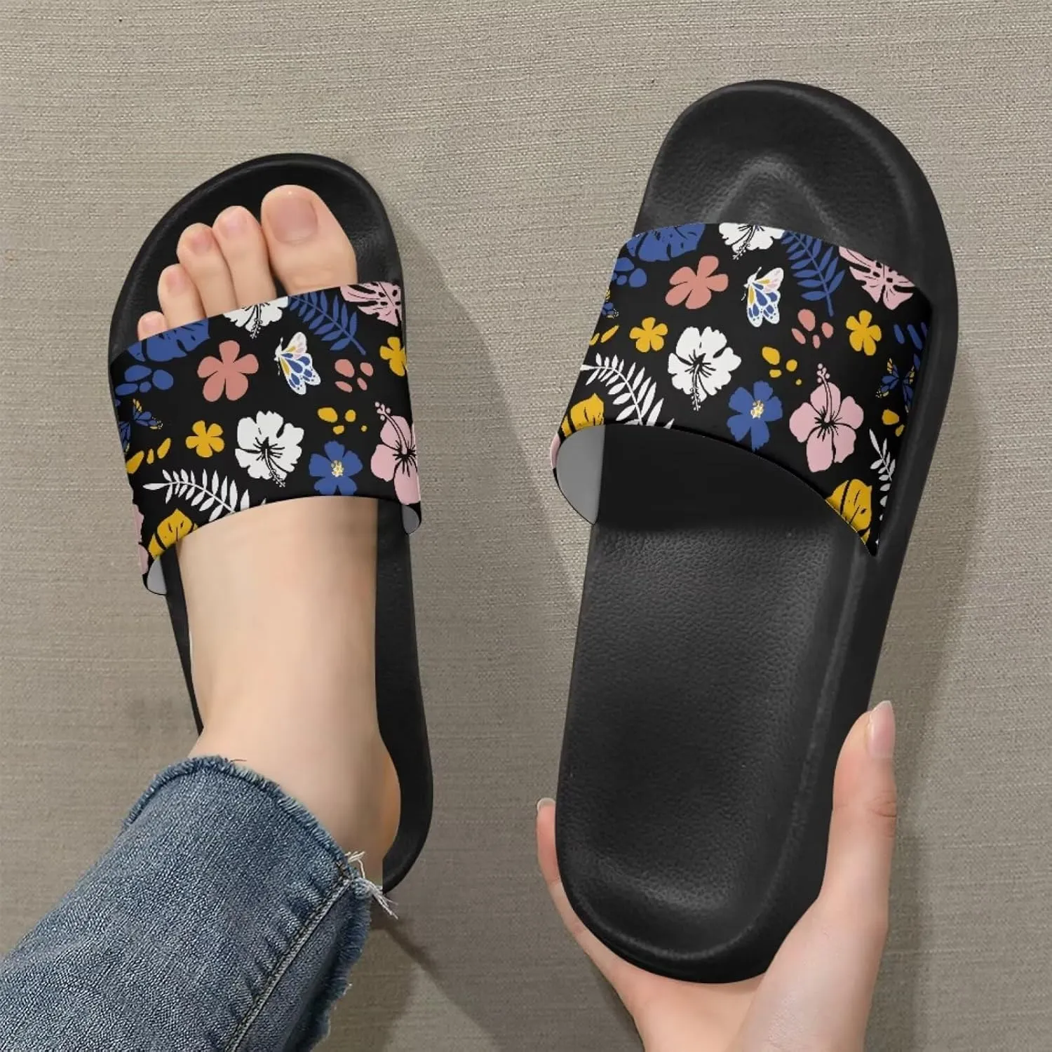 JoyLamoria Women Plants Print Slides House Sandals Thick Sole Pillow Slippers Non-Slip Shower Beach Pool Indoor Outdoor Summer