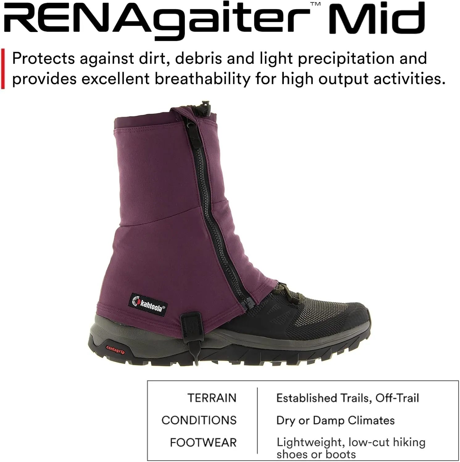 Kahtoola RENAgaiter Mid Gaiters for Hiking, Mountaineering, Trail Running, Shoe & Boot Protection in Mud, Snow & Ice