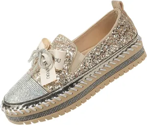 KCTRFSJ Women's Rhinestones Glitter Bow Platform Sneaker,Handmade Flat Casual Slip On Loafers,Comfort Low Top Walking Shoes