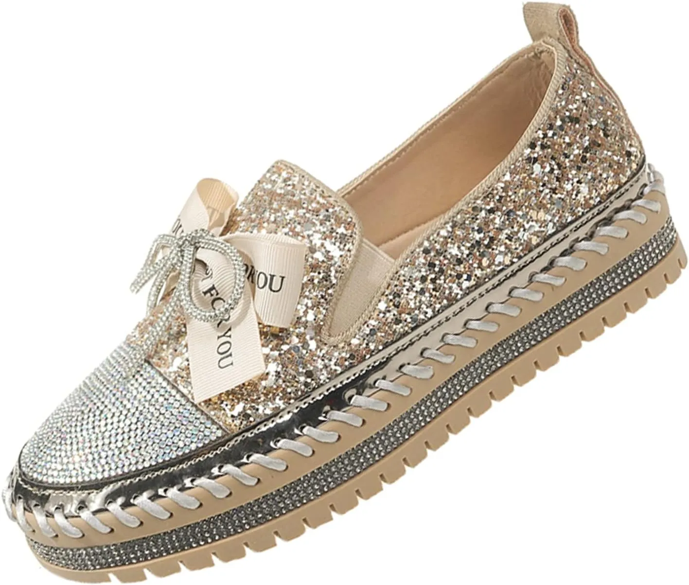 KCTRFSJ Women's Rhinestones Glitter Bow Platform Sneaker,Handmade Flat Casual Slip On Loafers,Comfort Low Top Walking Shoes