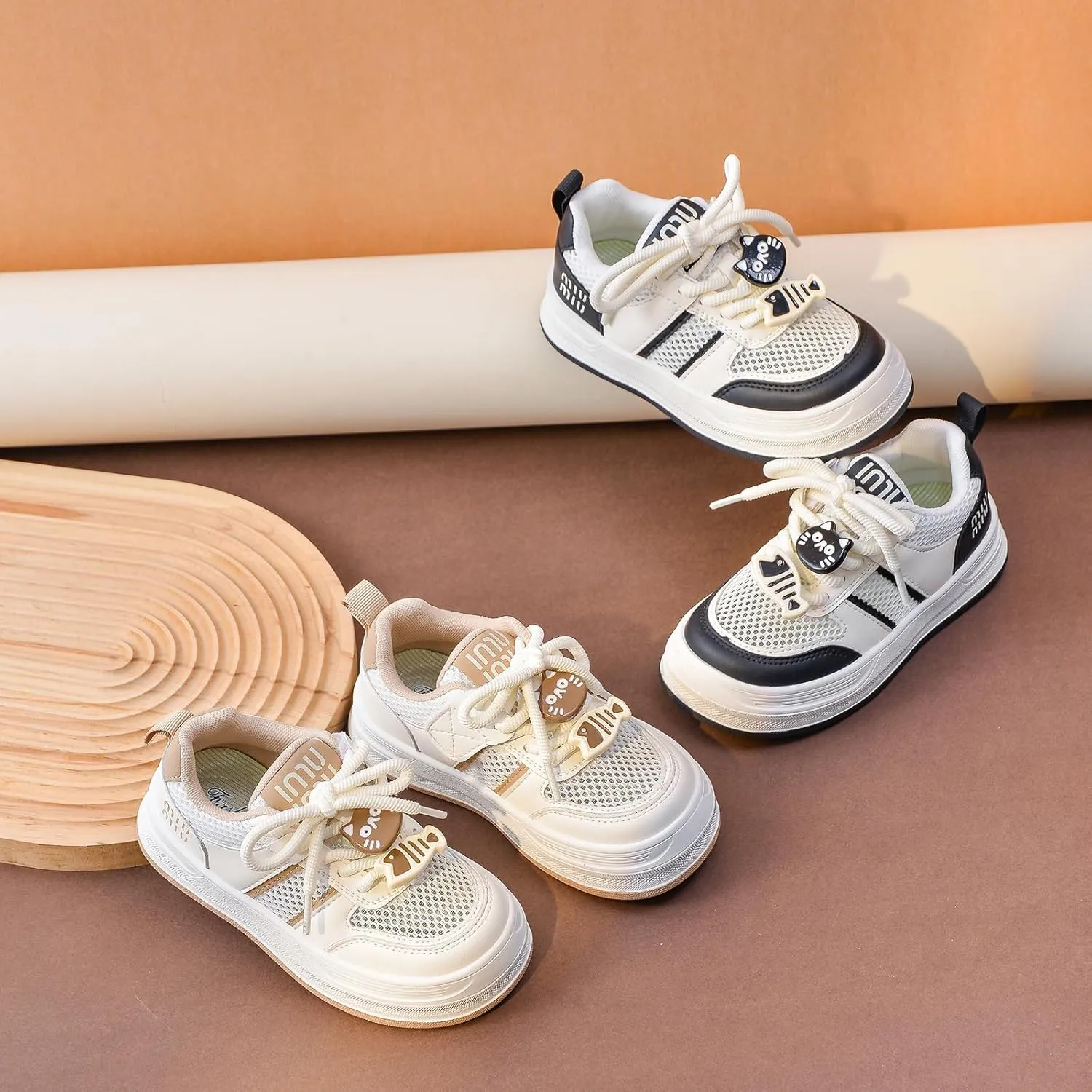 Kids Mesh Athletic Sneakers, Black and White, Platform Sole