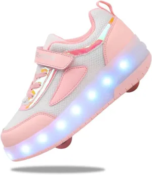 Kids Shoes with Double Wheels - Upgraded Kids Roller Shoes for Gifts, Retractable Light Up Wheels Shoes for Boys Girls Sneakers Birthday Gift (Size 4.5 Big Kid Pink)