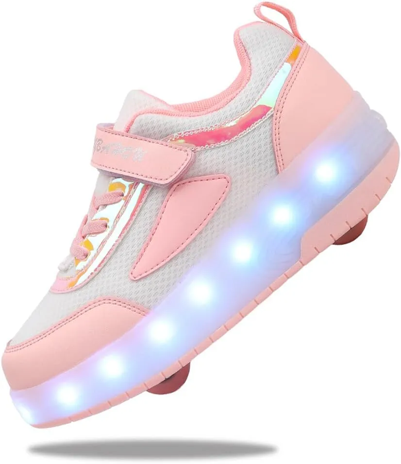 Kids Shoes with Double Wheels - Upgraded Kids Roller Shoes for Gifts, Retractable Light Up Wheels Shoes for Boys Girls Sneakers Birthday Gift (Size 4.5 Big Kid Pink)