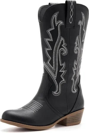 Kids Western Boots Embroidered Cowgirl Cowboy Boots Boys Girls Mid Calf Round Toe Riding Shoes Little Kid/Big Kid