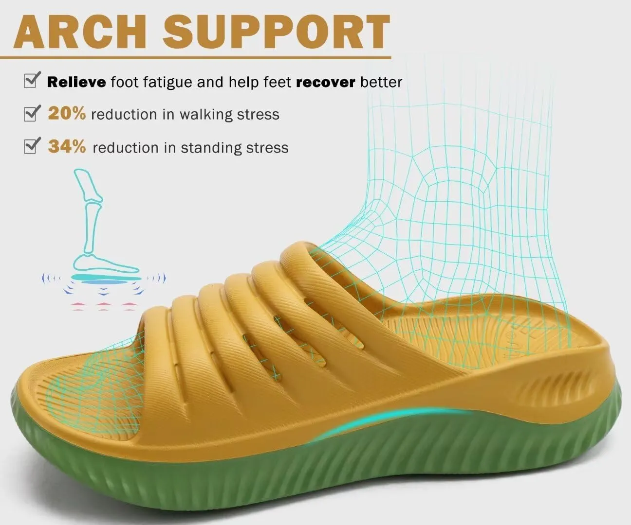 KuaiLu Womens Recovery Sandals With Comfortable Plantar Fasciitis Support,Ladies Orthotic Open Toe Sport Slides Thick Cushion Reduces Stress on Feet,Joints & Back Post-Exercise