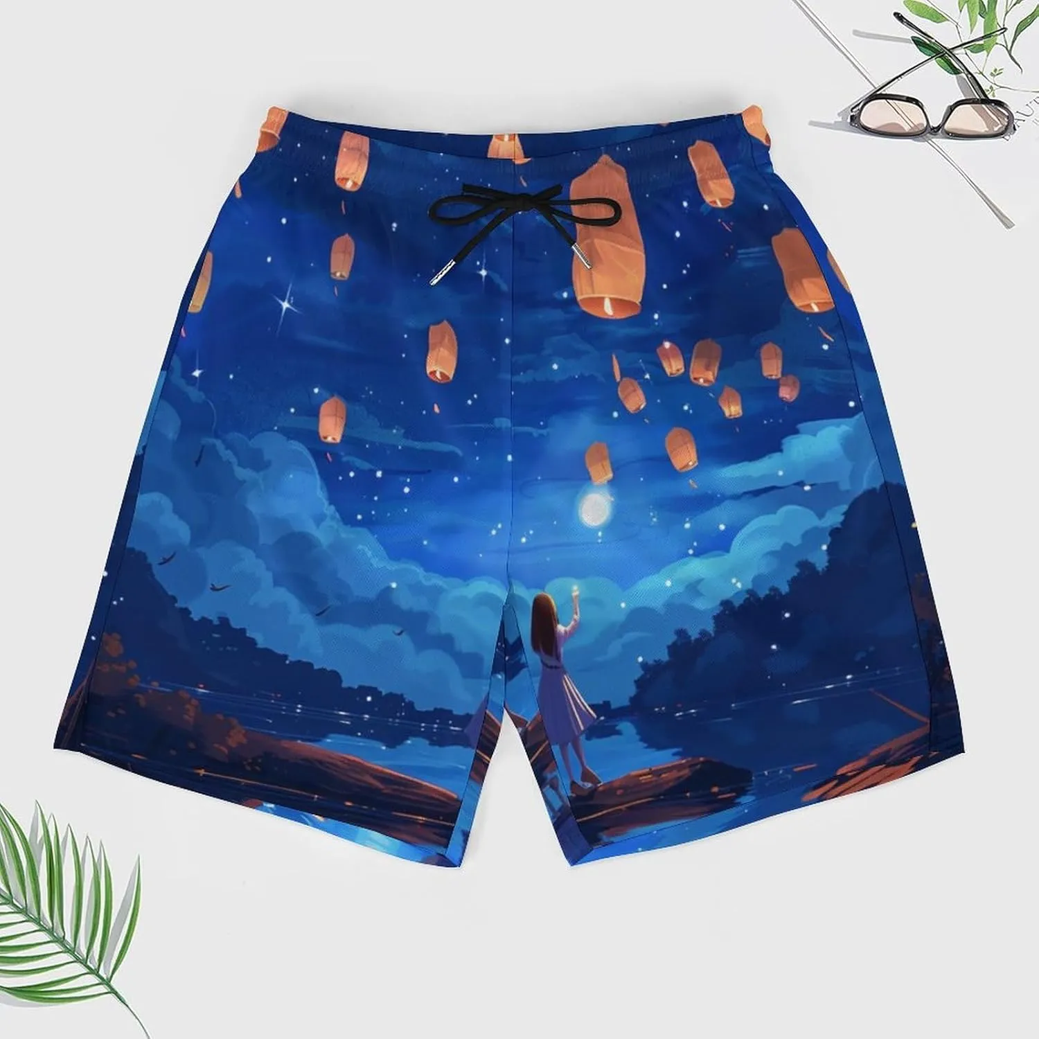 Lake Lanterns at Night Men's Swim Trunks Quick Dry Board Shorts Swimwear Beach Shorts with Compression Liner