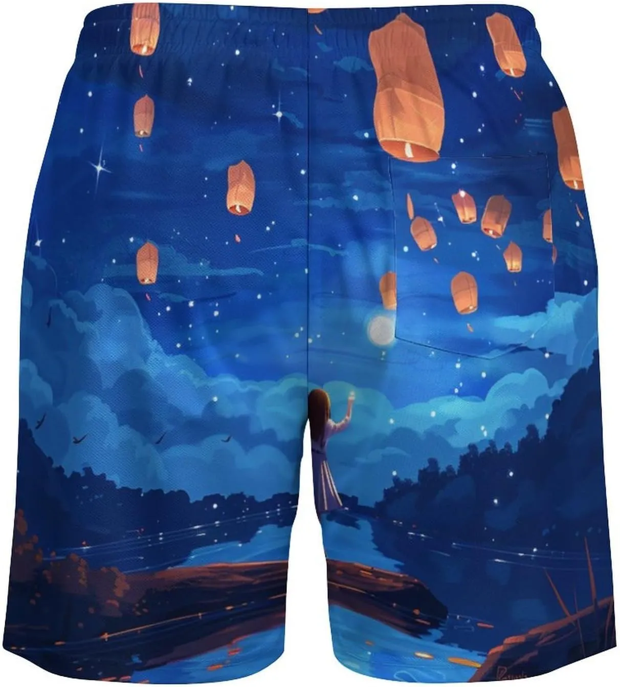 Lake Lanterns at Night Men's Swim Trunks Quick Dry Board Shorts Swimwear Beach Shorts with Compression Liner