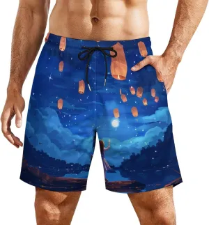 Lake Lanterns at Night Men's Swim Trunks Quick Dry Board Shorts Swimwear Beach Shorts with Compression Liner