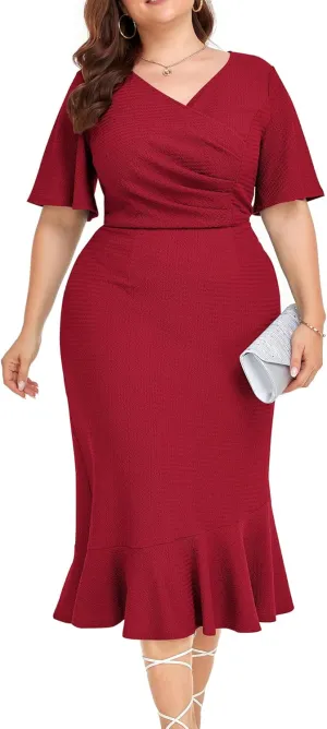 LALAGEN Plus Size Dress for Women Modest Short Sleeve Ruched Bodycon Mermaid Cocktail Midi Dresses 1X-6X