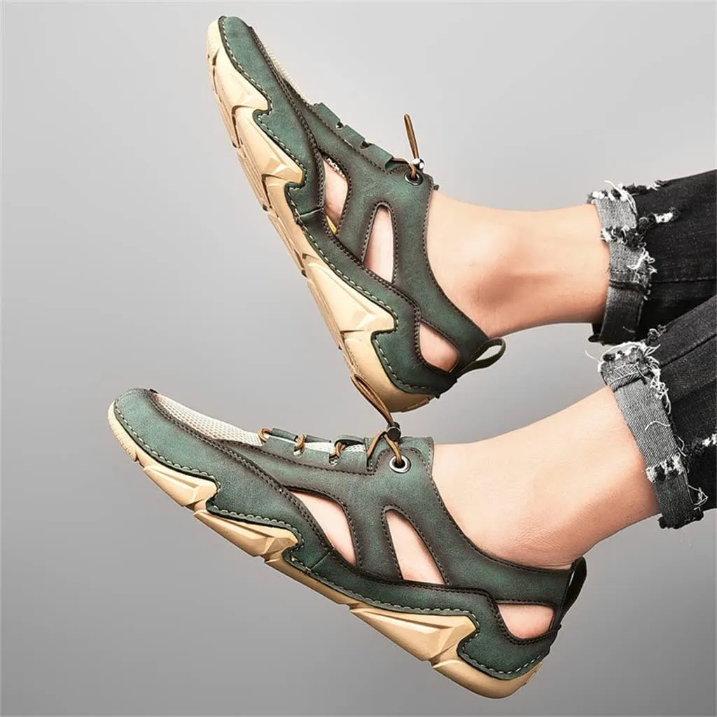 Leather Mens Sandals Breathable Mesh Casual Shoes Men Outdoor Beach Sandals Men Slippers(39)