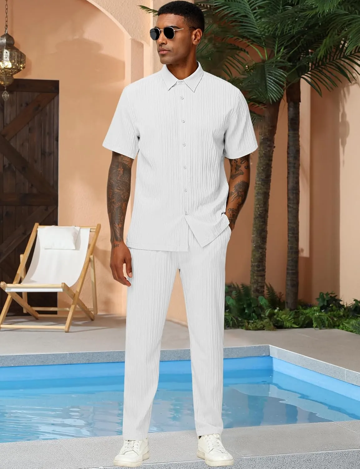 LecGee Men's 2 Piece Vertical Striped Textured Outfits Summer Casual Button Down Shirts And Pants Matching Sets