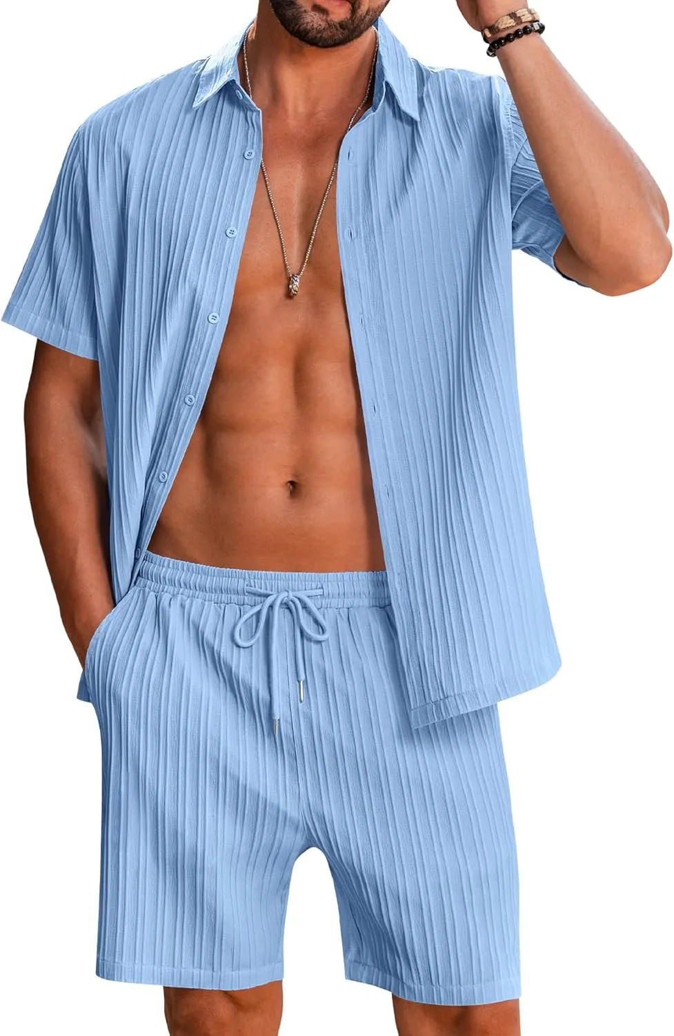 LecGee Men's 2 Piece Vertical Striped Textured Outfits Summer Casual Button Down Shirts and Shorts Matching Sets