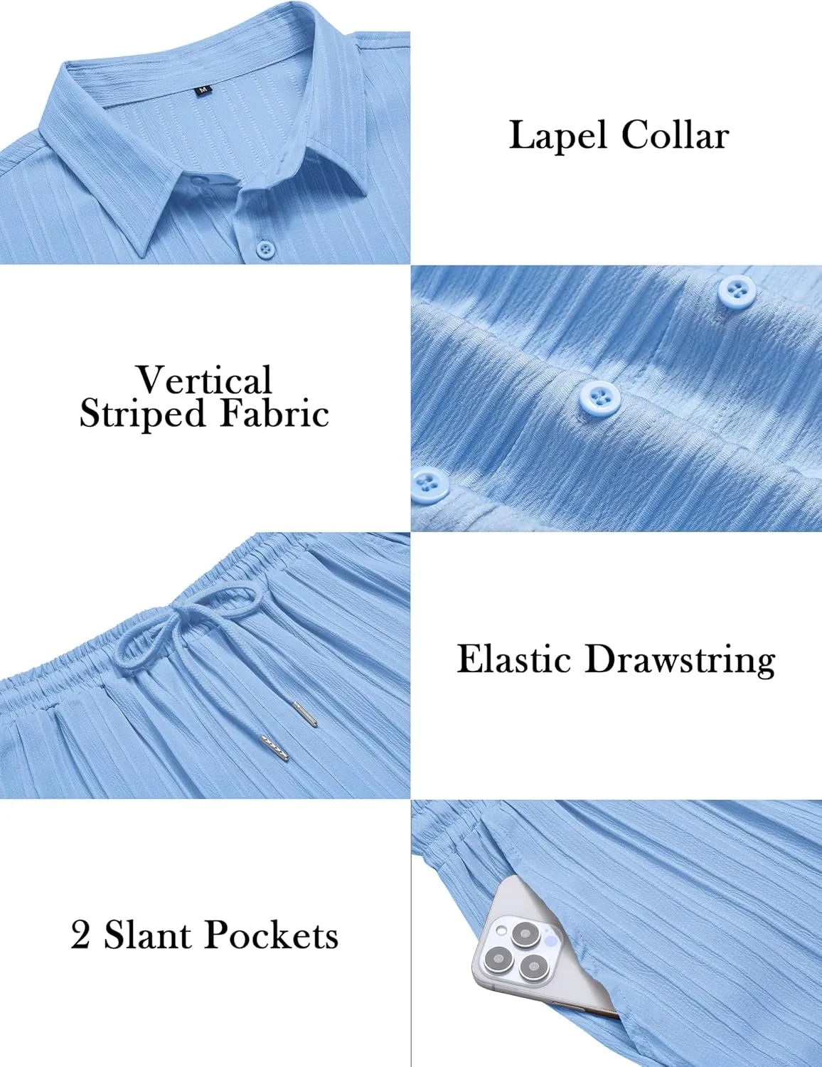 LecGee Men's 2 Piece Vertical Striped Textured Outfits Summer Casual Button Down Shirts and Shorts Matching Sets