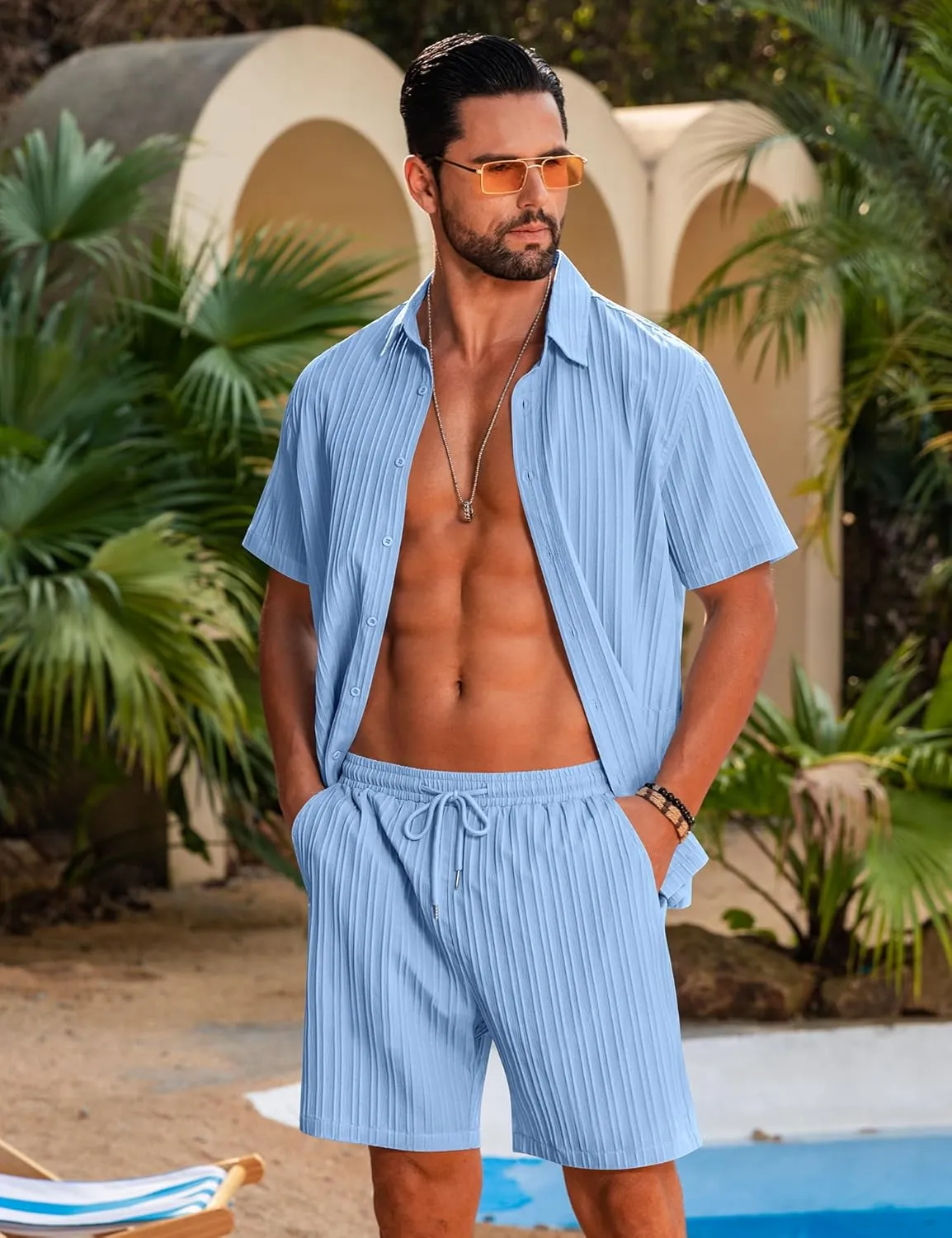 LecGee Men's 2 Piece Vertical Striped Textured Outfits Summer Casual Button Down Shirts and Shorts Matching Sets