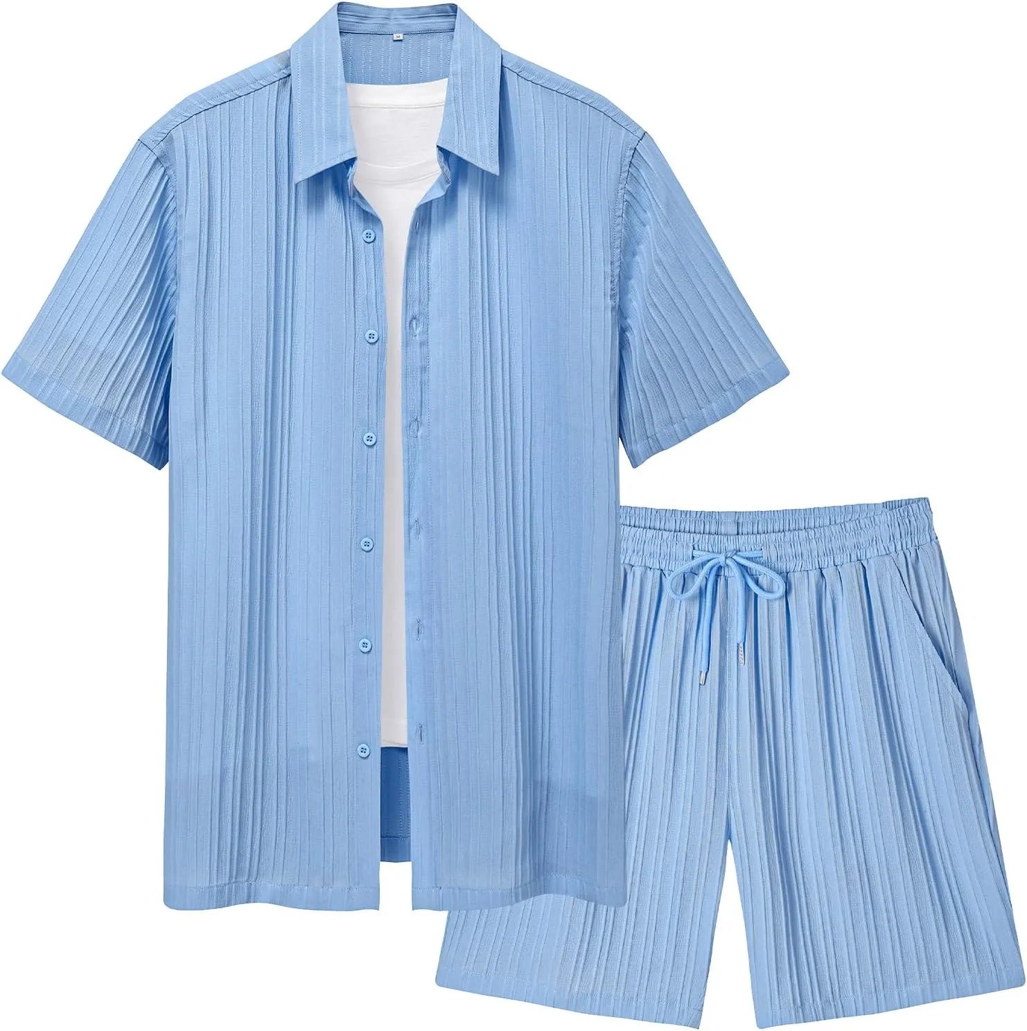 LecGee Men's 2 Piece Vertical Striped Textured Outfits Summer Casual Button Down Shirts and Shorts Matching Sets