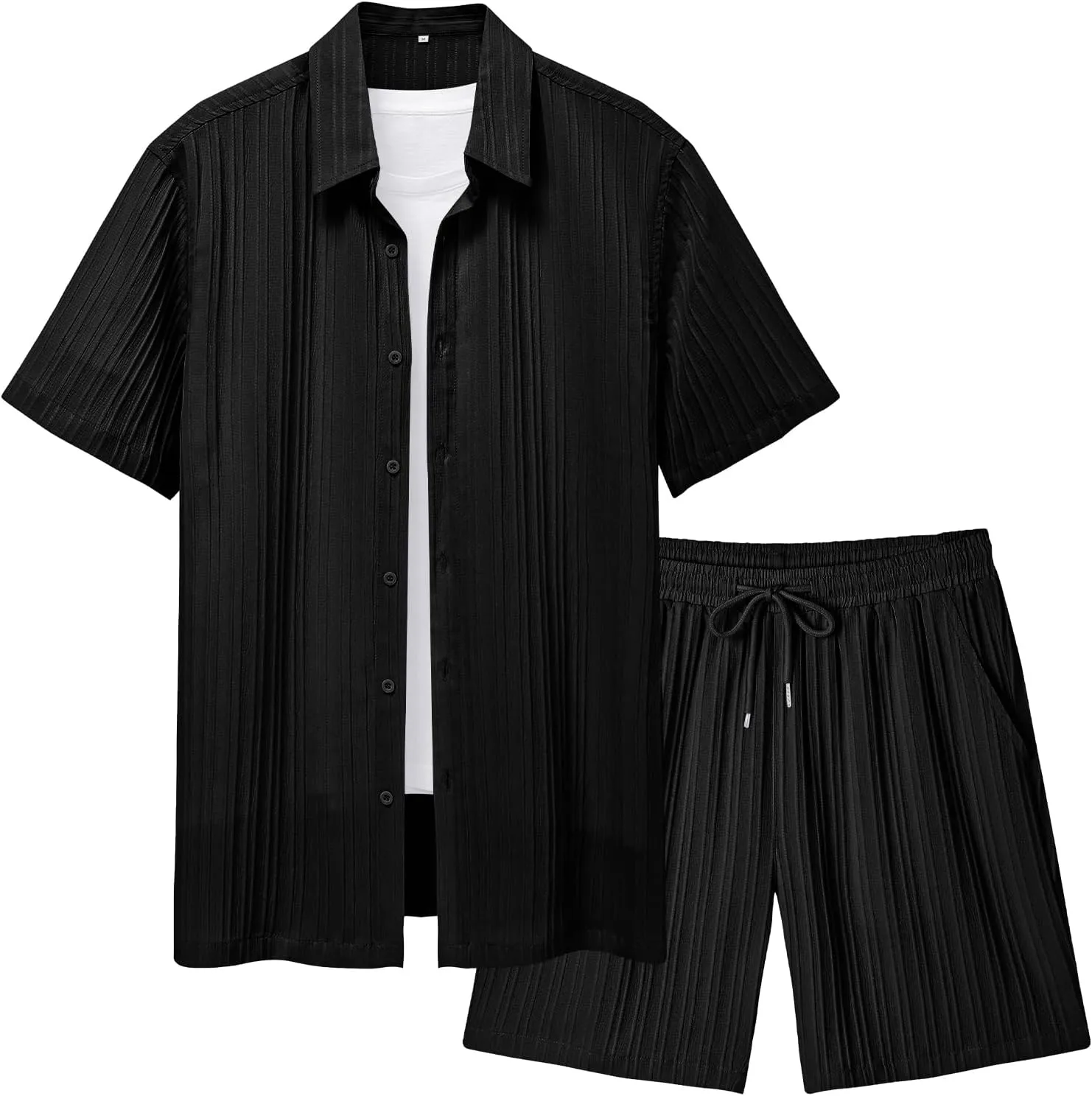 LecGee Men's 2 Piece Vertical Striped Textured Outfits Summer Casual Button Down Shirts and Shorts Matching Sets