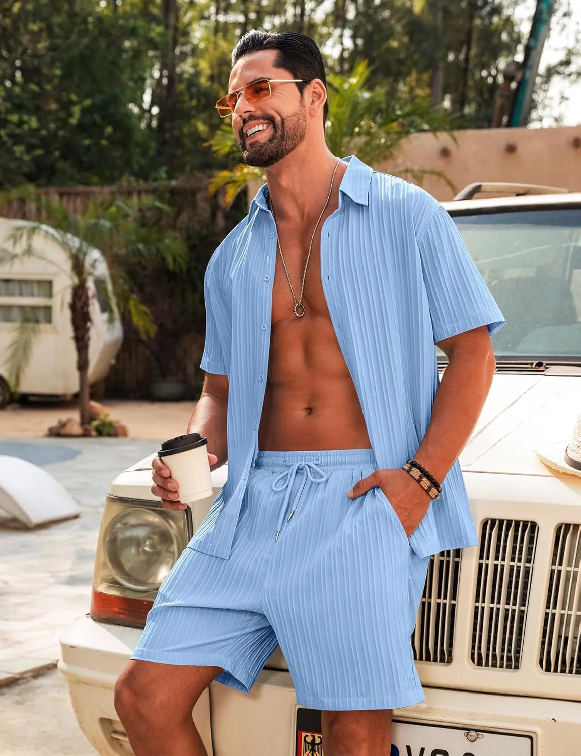 LecGee Men's 2 Piece Vertical Striped Textured Outfits Summer Casual Button Down Shirts and Shorts Matching Sets
