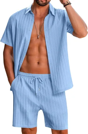 LecGee Men's 2 Piece Vertical Striped Textured Outfits Summer Casual Button Down Shirts and Shorts Matching Sets