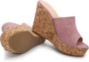 LEHOOR Cork Wedge Mules for Women Platform Slide Sandals Peep Toe, High Wedge 4.5Inch Slippers Microfiber Suede 6-11 M US