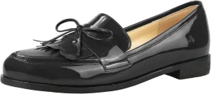 LEMUTISME Women's Trendy Patent Leather Comfort Casual Closed Round Toe Slip On Bow-Knot Dress Flat Loafers Pump Shoes with Tassal Black Size 7.5