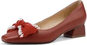Loafers for Women Elegant Handmade Pearl Wedding Party Shoes for Women Block Heel Slip-On with Knot
