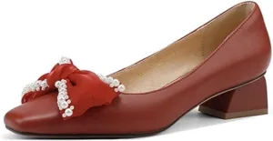 Loafers for Women Elegant Handmade Pearl Wedding Party Shoes for Women Block Medium Heels with Knot Slip-On Design