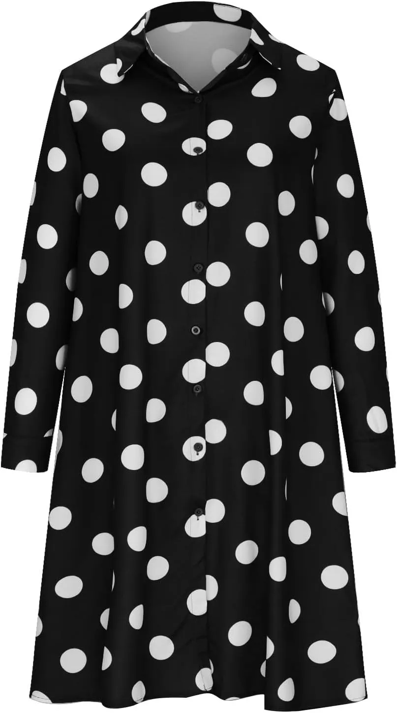 Long Sleeve Boho Maxi Dresses for Women 2024 Trendy Swiss Dot Button Down Dress Causal Bohemian Dress with Pockets