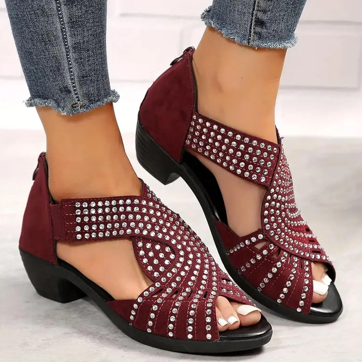 Low Heel Sandals for Women Dressy Rhinestone Peep Toe Back Zipper Cut Out Mid Heels Sandal Womens Dressy Low Heels Chunky Block Flat Sandal for Women Summer Wedding Trendy Sandals for Womens 2025