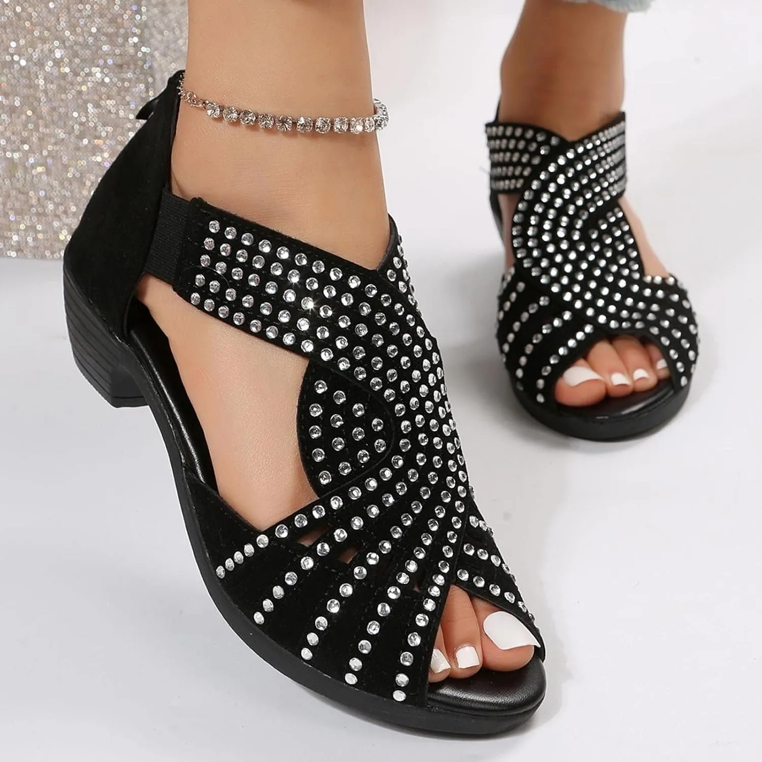 Low Heel Sandals for Women Dressy Rhinestone Peep Toe Back Zipper Cut Out Mid Heels Sandal Womens Dressy Low Heels Chunky Block Flat Sandal for Women Summer Wedding Trendy Sandals for Womens 2025