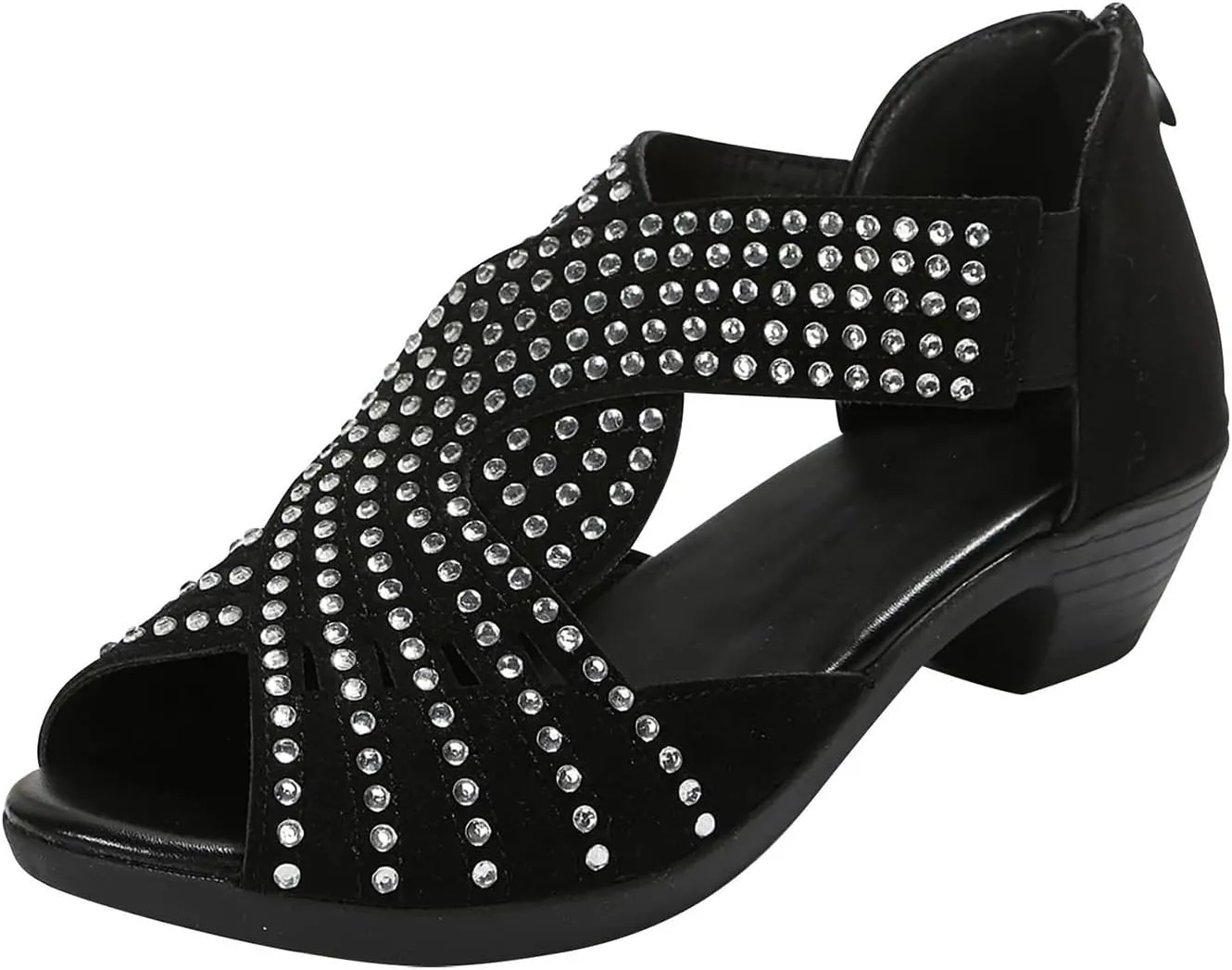 Low Heel Sandals for Women Dressy Rhinestone Peep Toe Back Zipper Cut Out Mid Heels Sandal Womens Dressy Low Heels Chunky Block Flat Sandal for Women Summer Wedding Trendy Sandals for Womens 2025