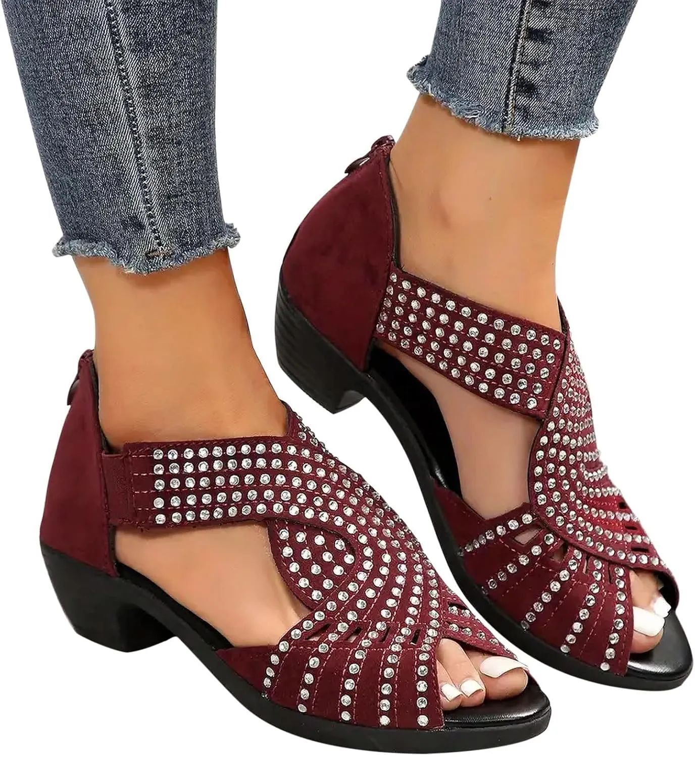 Low Heel Sandals for Women Dressy Rhinestone Peep Toe Back Zipper Cut Out Mid Heels Sandal Womens Dressy Low Heels Chunky Block Flat Sandal for Women Summer Wedding Trendy Sandals for Womens 2025