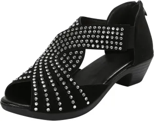 Low Heel Sandals for Women Dressy Rhinestone Peep Toe Back Zipper Cut Out Mid Heels Sandal Womens Dressy Low Heels Chunky Block Flat Sandal for Women Summer Wedding Trendy Sandals for Womens 2025