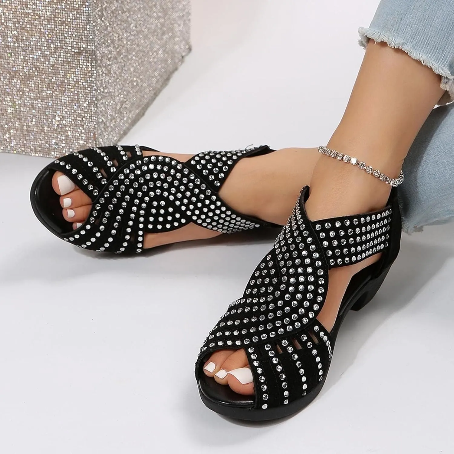 Low Heel Sandals for Women Dressy Rhinestone Peep Toe Back Zipper Cut Out Mid Heels Sandal Womens Dressy Low Heels Chunky Block Flat Sandal for Women Summer Wedding Trendy Sandals for Womens 2025