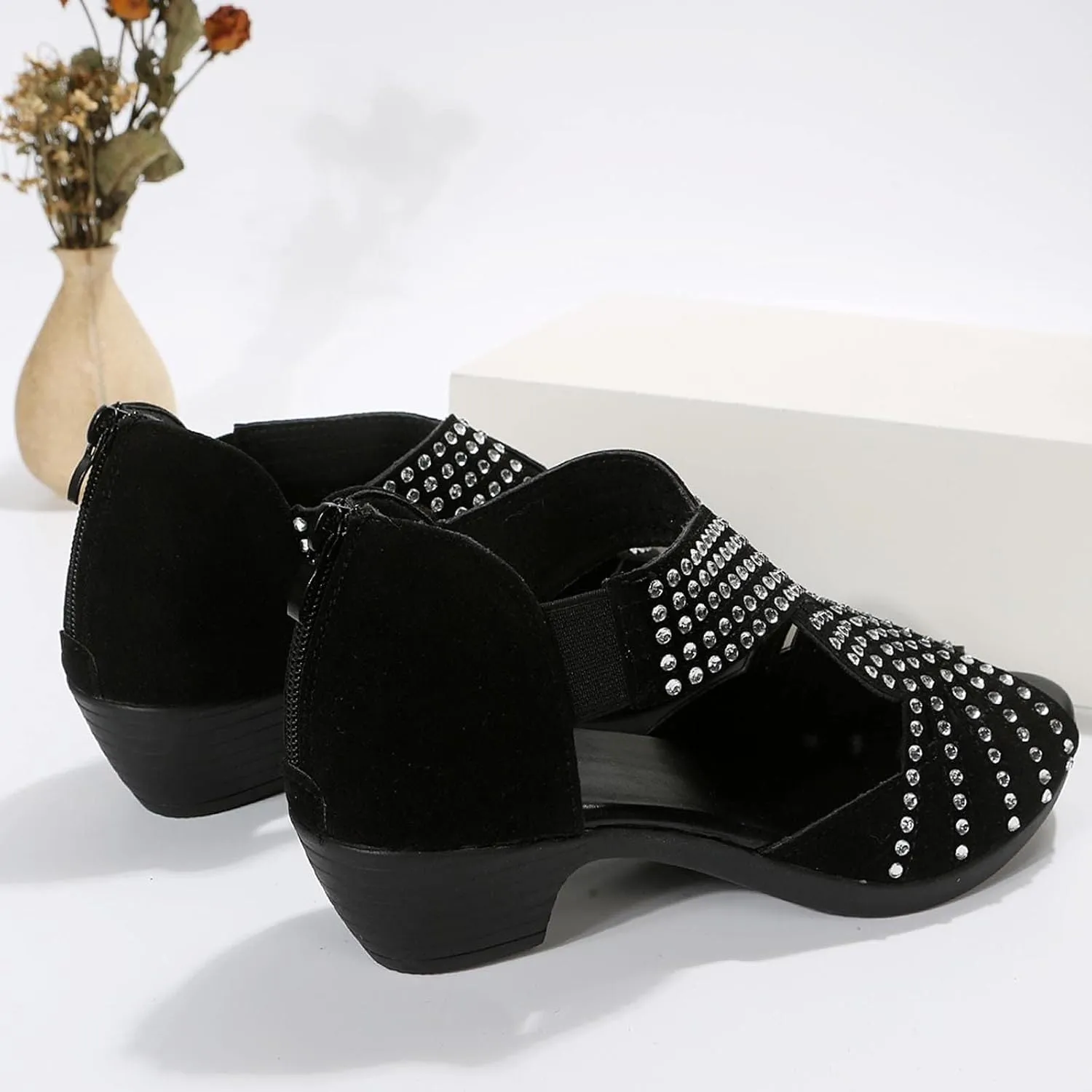 Low Heel Sandals for Women Dressy Rhinestone Peep Toe Back Zipper Cut Out Mid Heels Sandal Womens Dressy Low Heels Chunky Block Flat Sandal for Women Summer Wedding Trendy Sandals for Womens 2025