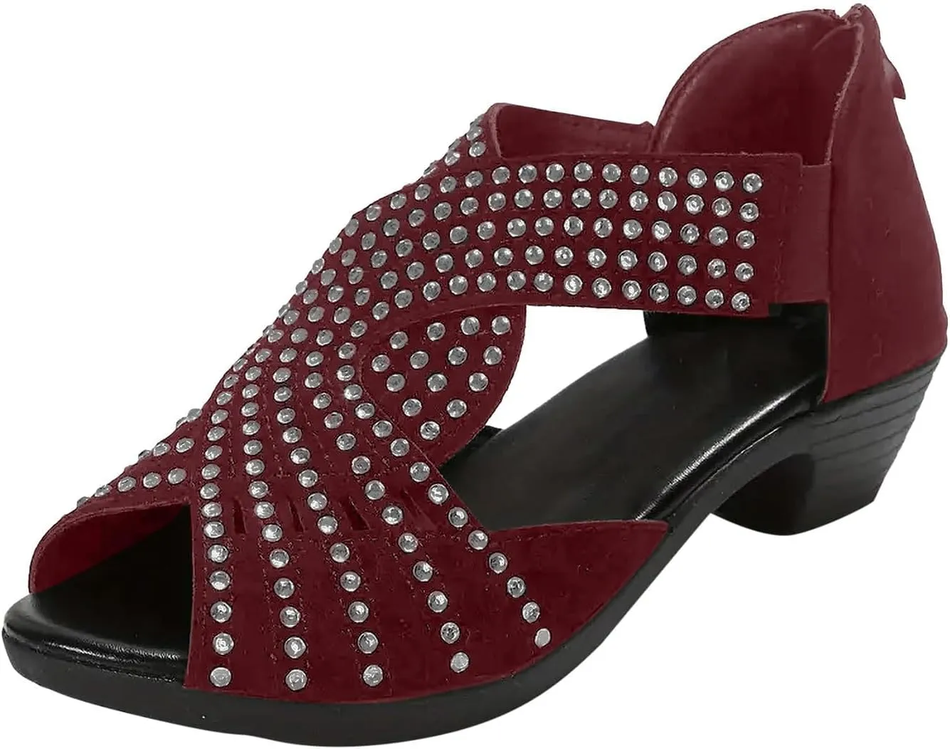 Low Heel Sandals for Women Dressy Rhinestone Peep Toe Back Zipper Cut Out Mid Heels Sandal Womens Dressy Low Heels Chunky Block Flat Sandal for Women Summer Wedding Trendy Sandals for Womens 2025