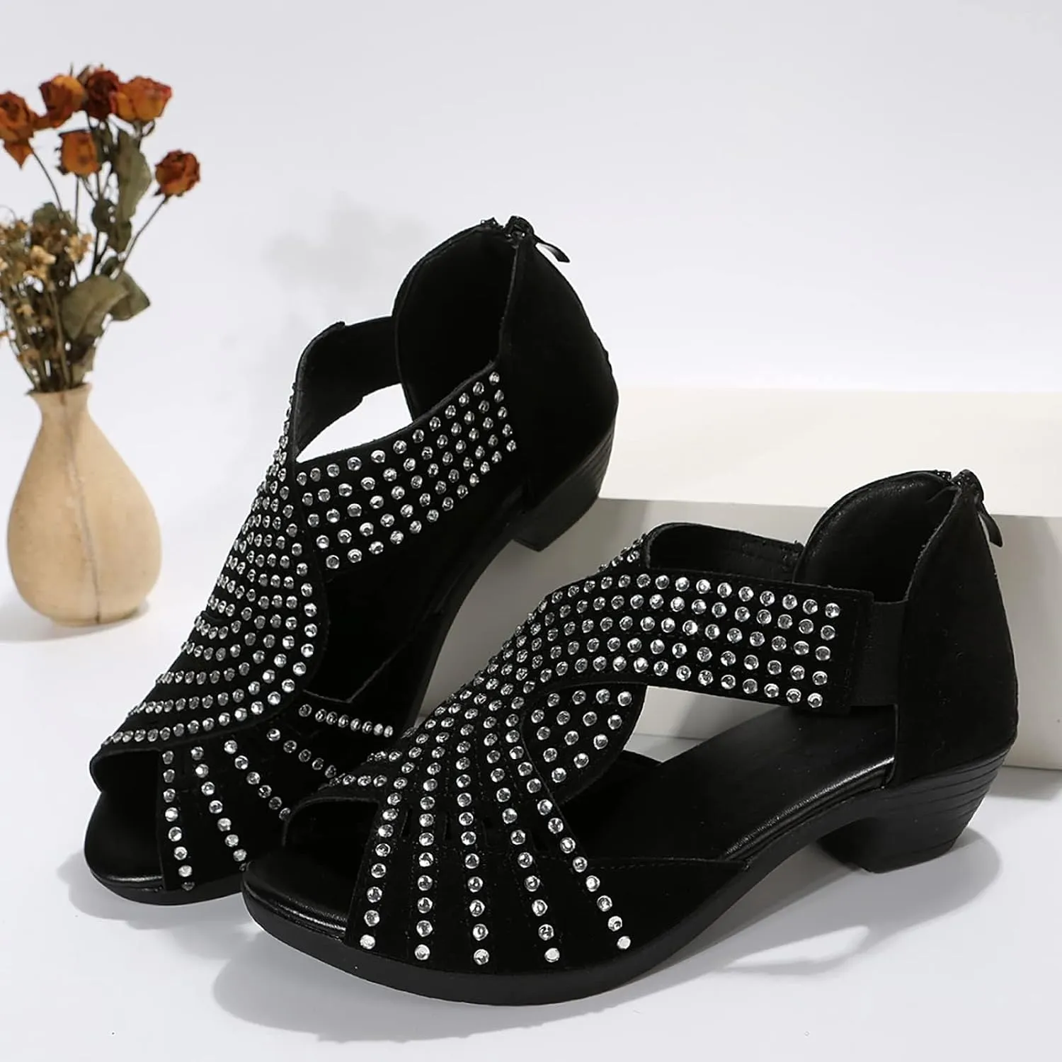 Low Heel Sandals for Women Dressy Rhinestone Peep Toe Back Zipper Cut Out Mid Heels Sandal Womens Dressy Low Heels Chunky Block Flat Sandal for Women Summer Wedding Trendy Sandals for Womens 2025