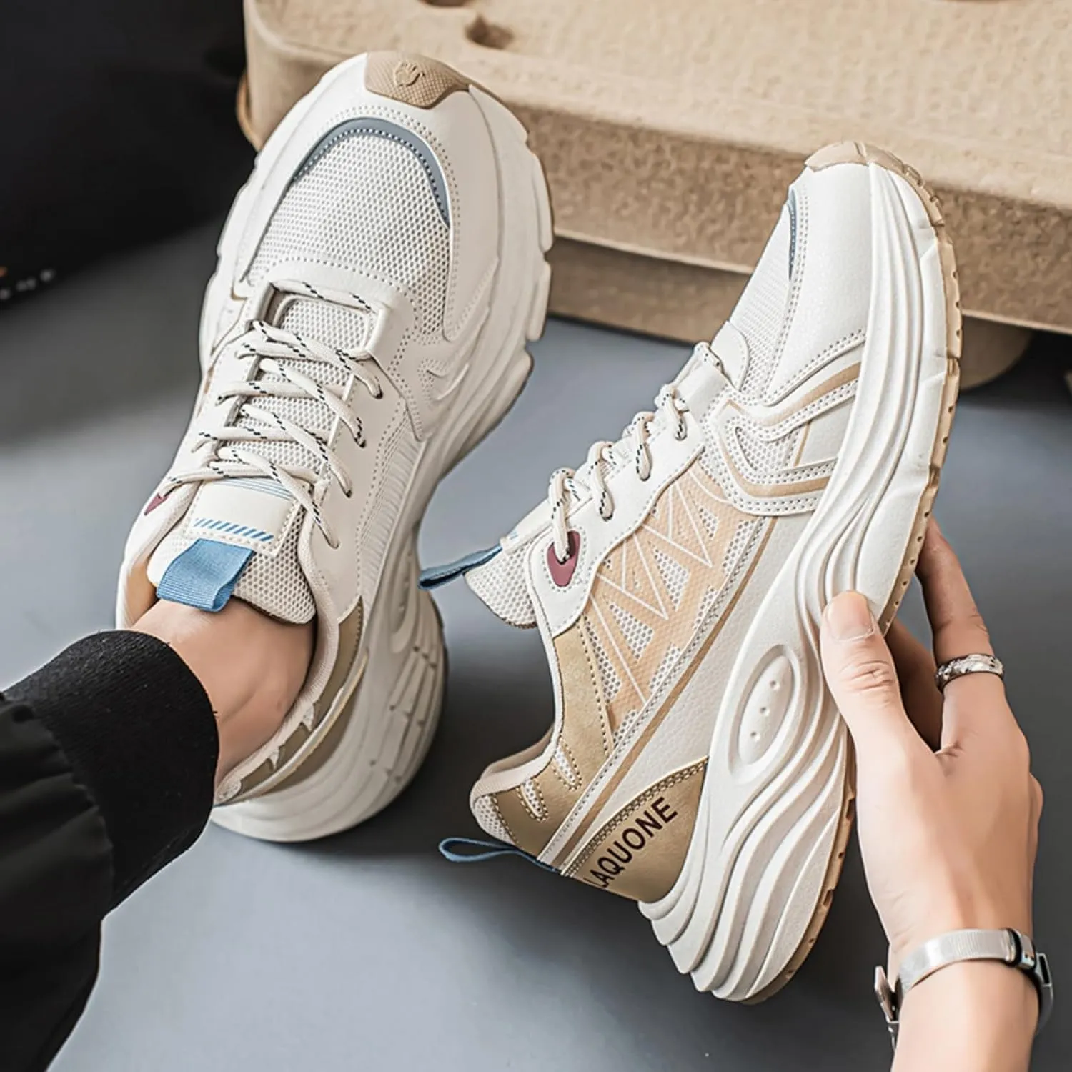 Men 's Fashion Breathable Mesh Chunky Platform Lace Up Sneakers Casual Soft Thick Dad Shoes Retro Running Walking Shoes