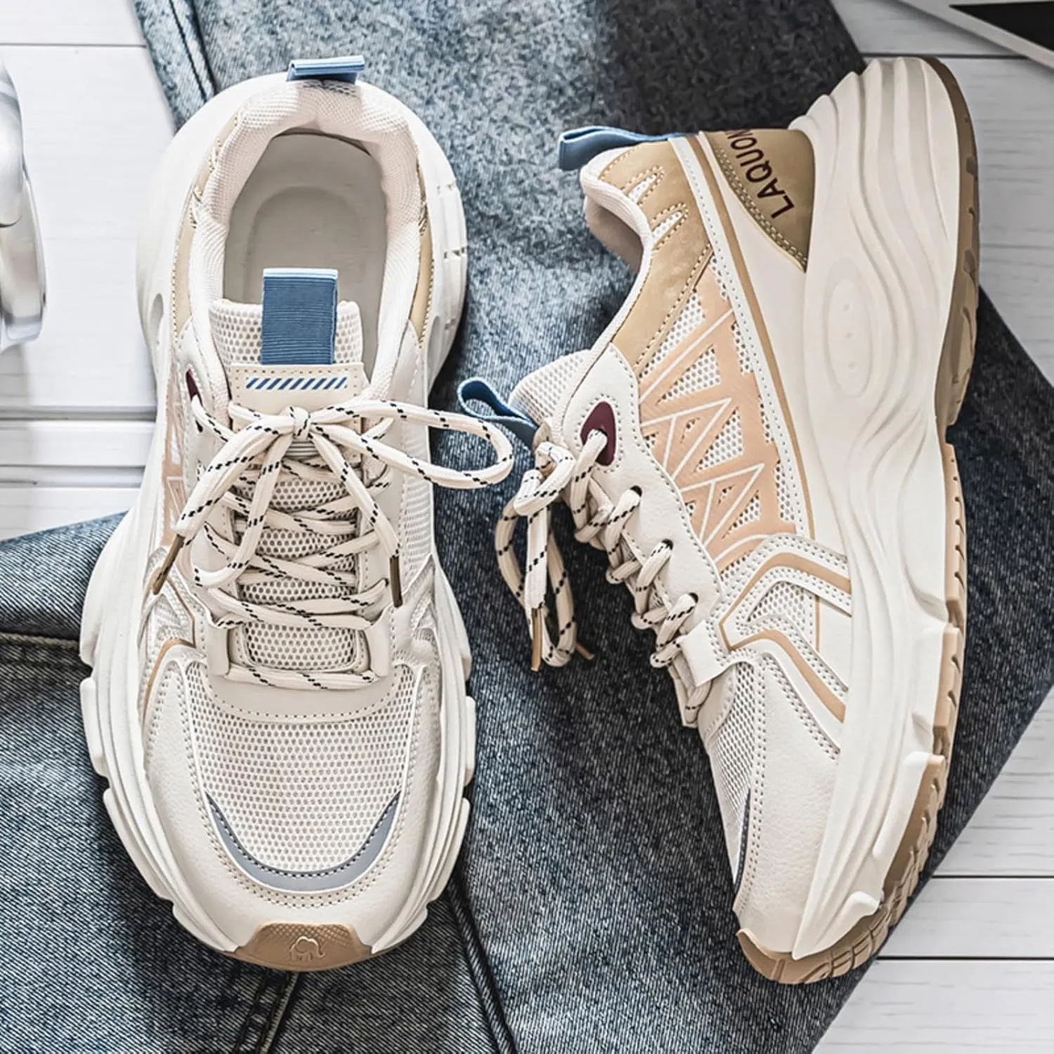 Men 's Fashion Breathable Mesh Chunky Platform Lace Up Sneakers Casual Soft Thick Dad Shoes Retro Running Walking Shoes
