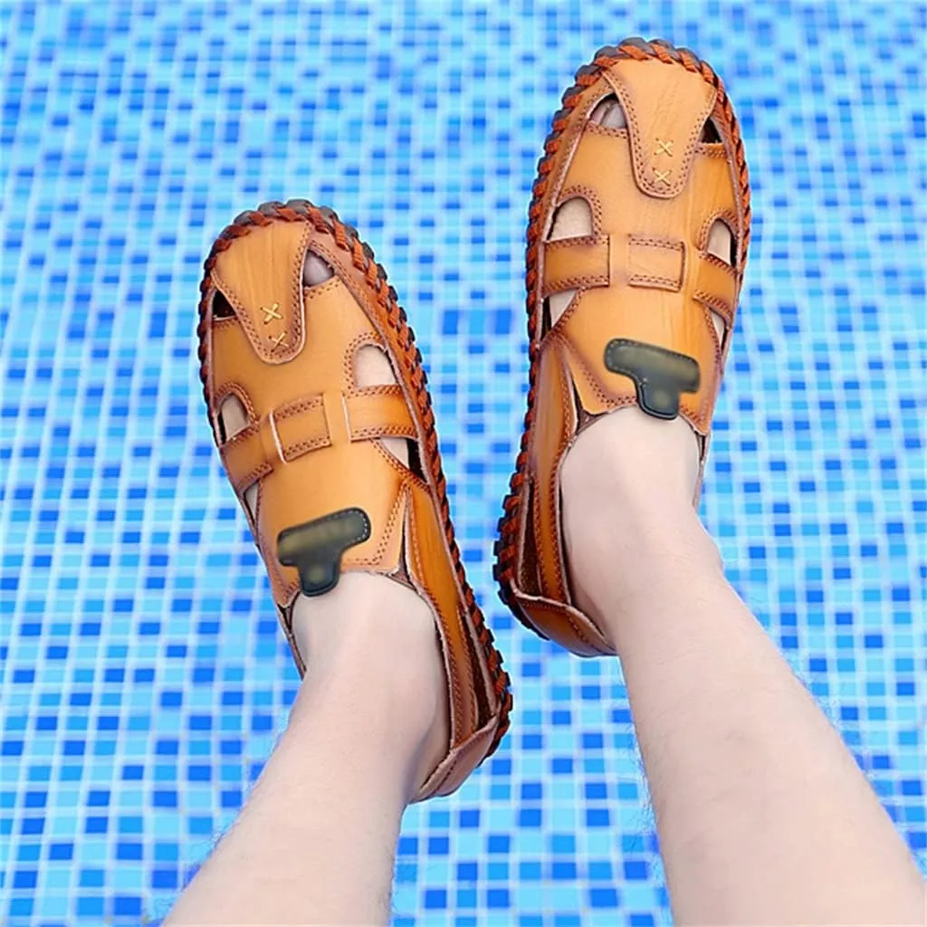 Men Sandals Real Leather Casual Beach Shoes Fisherman Leisure Trekking Non-Slip Breathable Slippers Hiking(44)