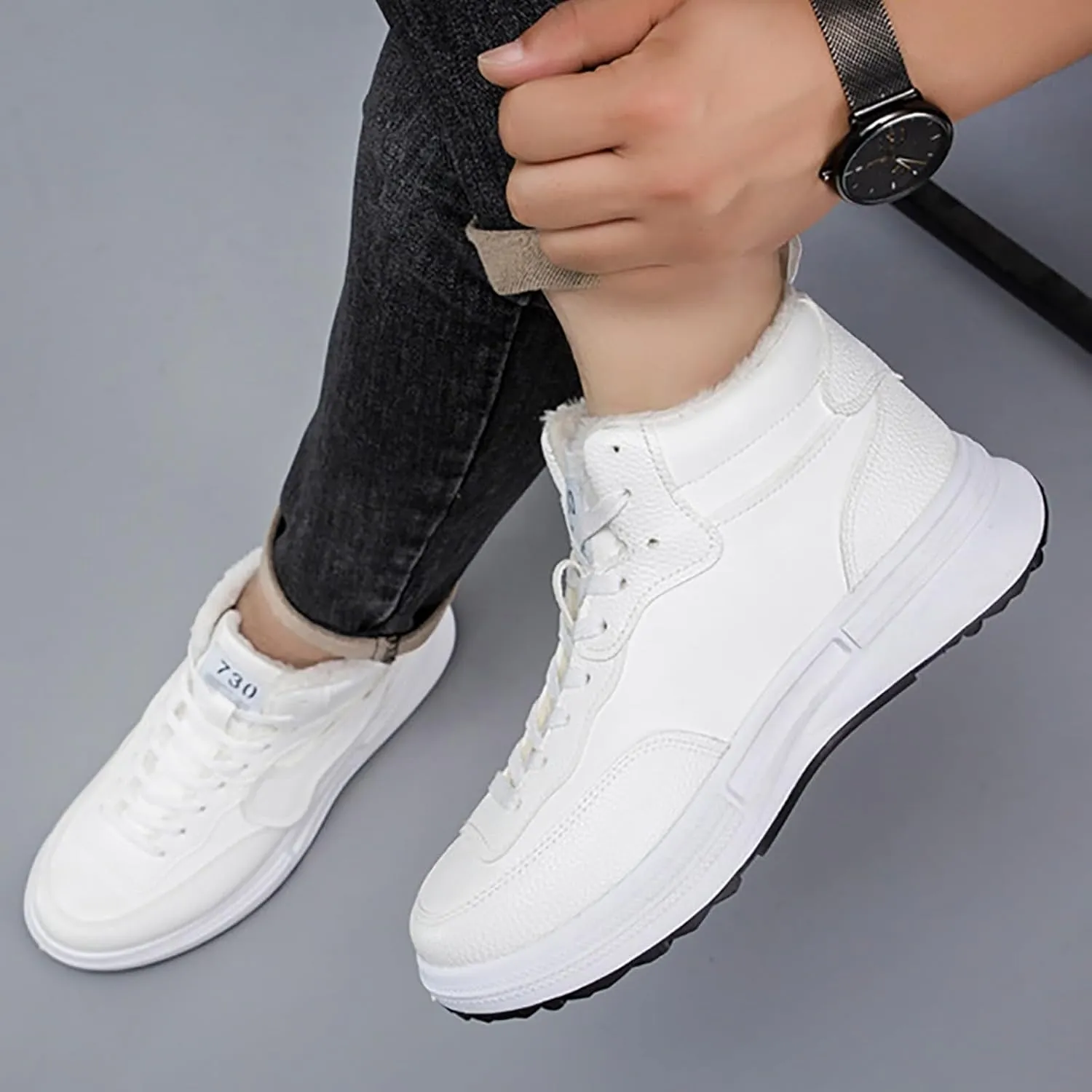 Men Warm Plush and Versatile Solid Color Leather Casual Shoes Breathable Soft Sole Cotton Shoes Leather Work Boots Women