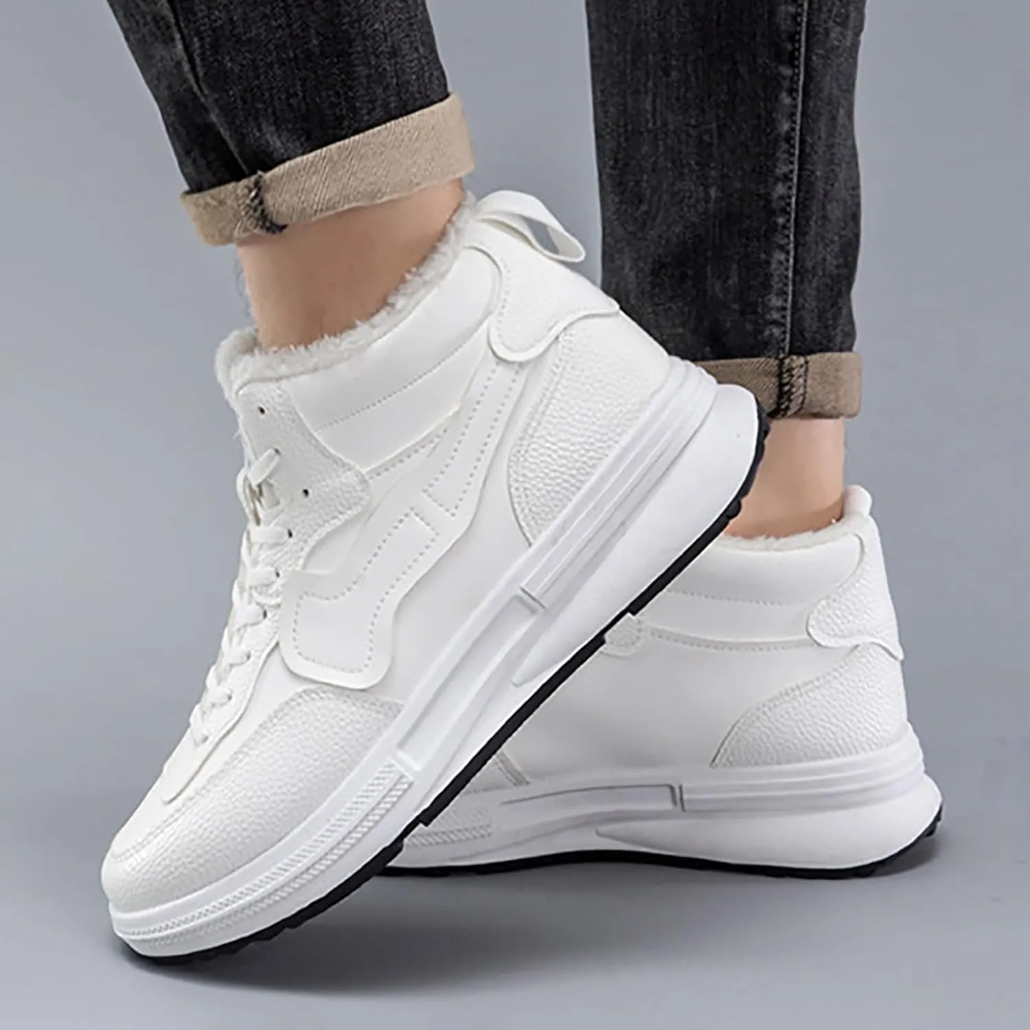 Men Warm Plush and Versatile Solid Color Leather Casual Shoes Breathable Soft Sole Cotton Shoes Leather Work Boots Women