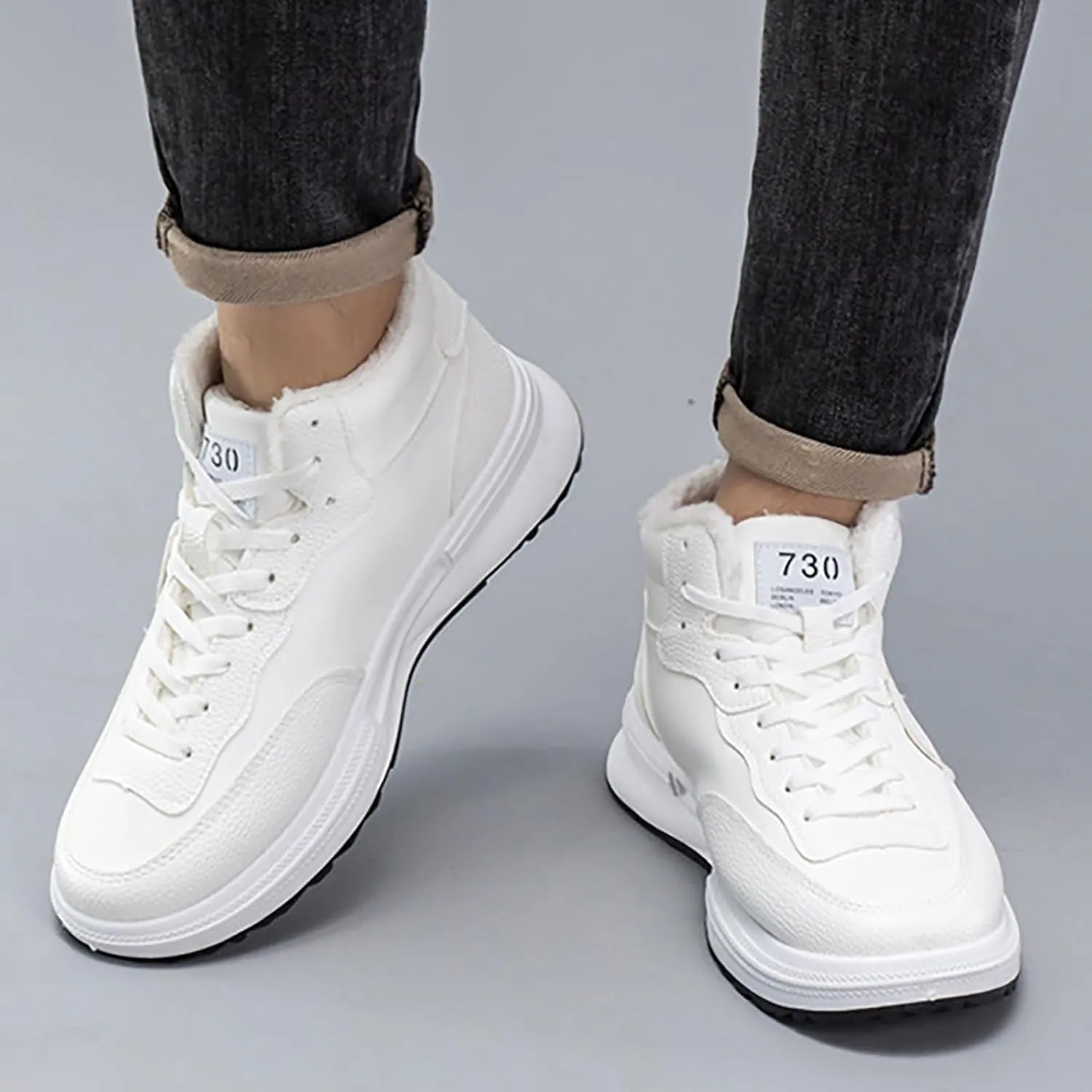 Men Warm Plush and Versatile Solid Color Leather Casual Shoes Breathable Soft Sole Cotton Shoes Leather Work Boots Women