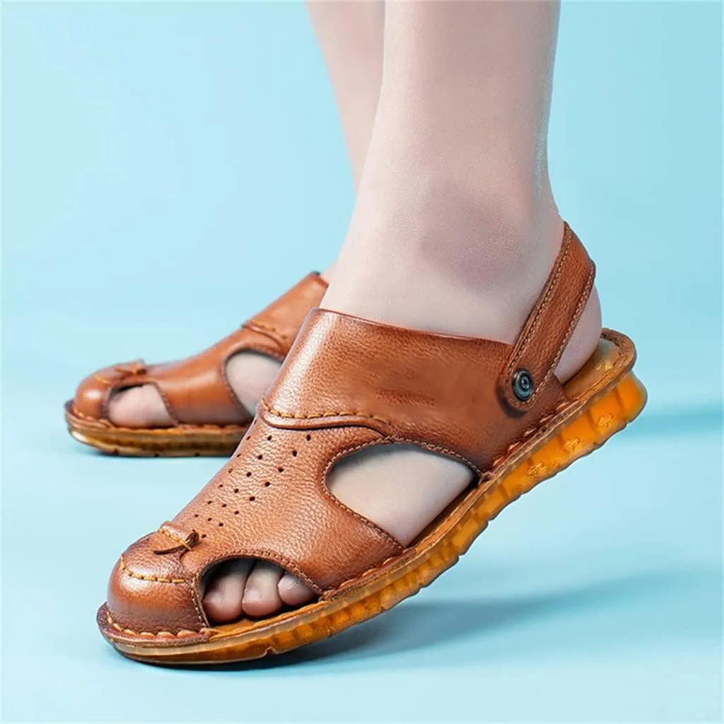 Men's Cowhide Beach Men's Shoes Casual Leather Cow Tendon Soft Sole Beach Men's Sandals Sandalias(38)