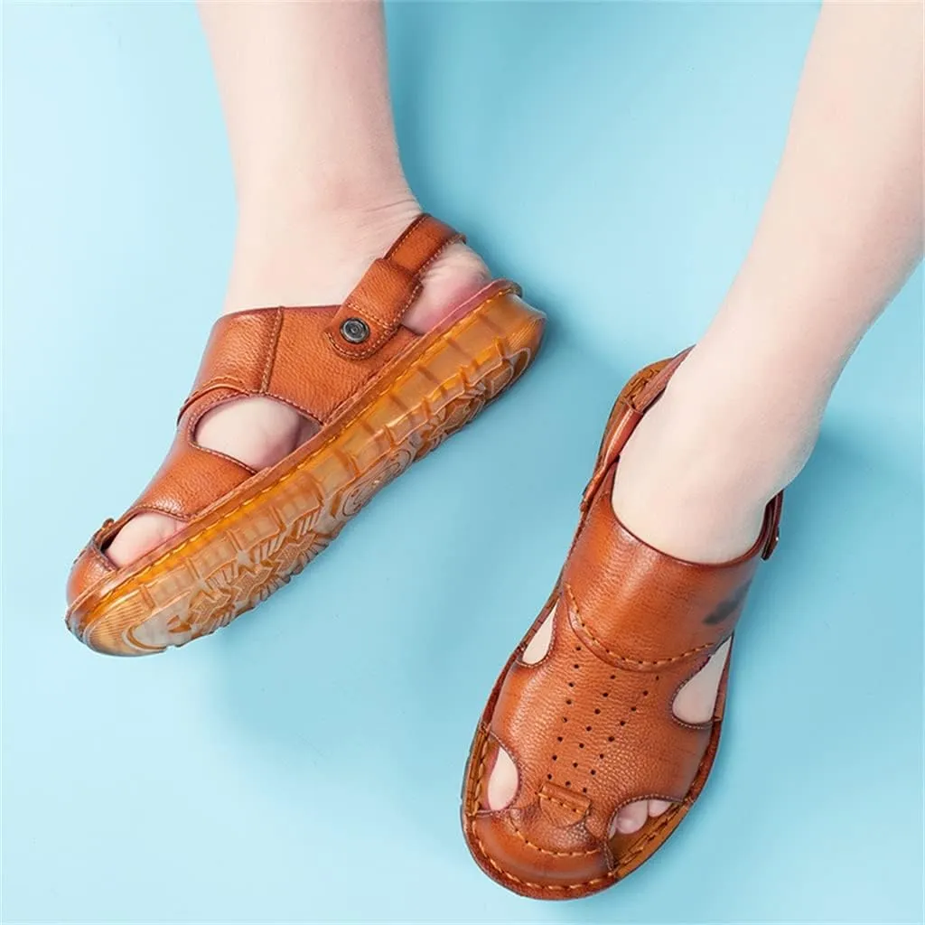Men's Cowhide Beach Men's Shoes Casual Leather Cow Tendon Soft Sole Beach Men's Sandals Sandalias(38)