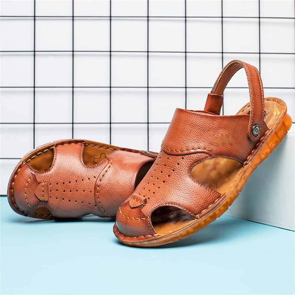 Men's Cowhide Beach Men's Shoes Casual Leather Cow Tendon Soft Sole Beach Men's Sandals Sandalias(38)