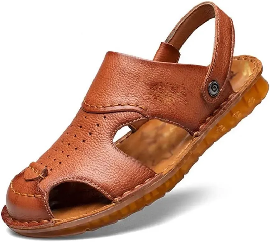 Men's Cowhide Beach Men's Shoes Casual Leather Cow Tendon Soft Sole Beach Men's Sandals Sandalias(38)